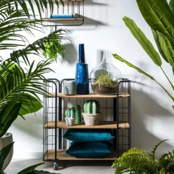 OSLO Estante Com Rodas 3 Prateleiras Preto, Natural