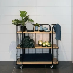 OSLO Estante Com Rodas 3 Prateleiras Preto, Natural